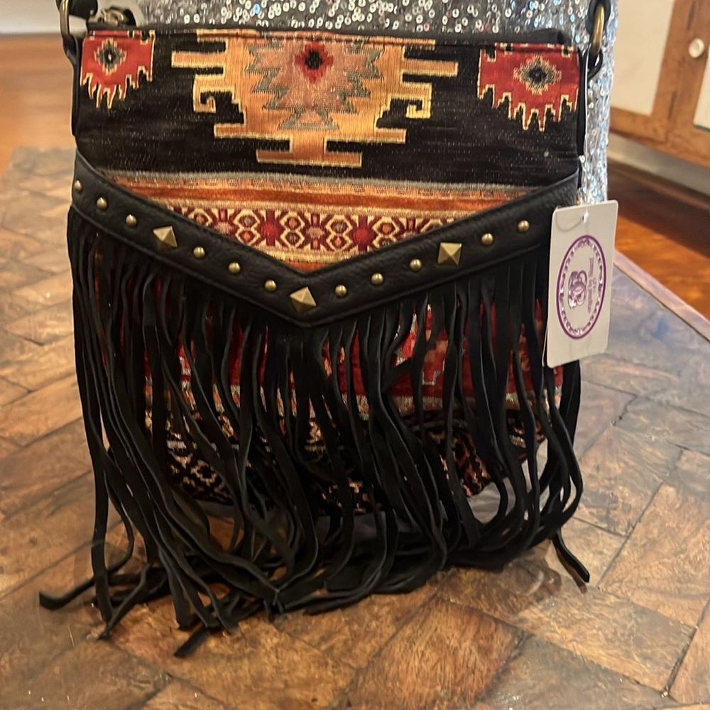 🖤 SHARIF NWT  Crossbody Stunning tapestry bag with Black Leather Fringe 🖤
